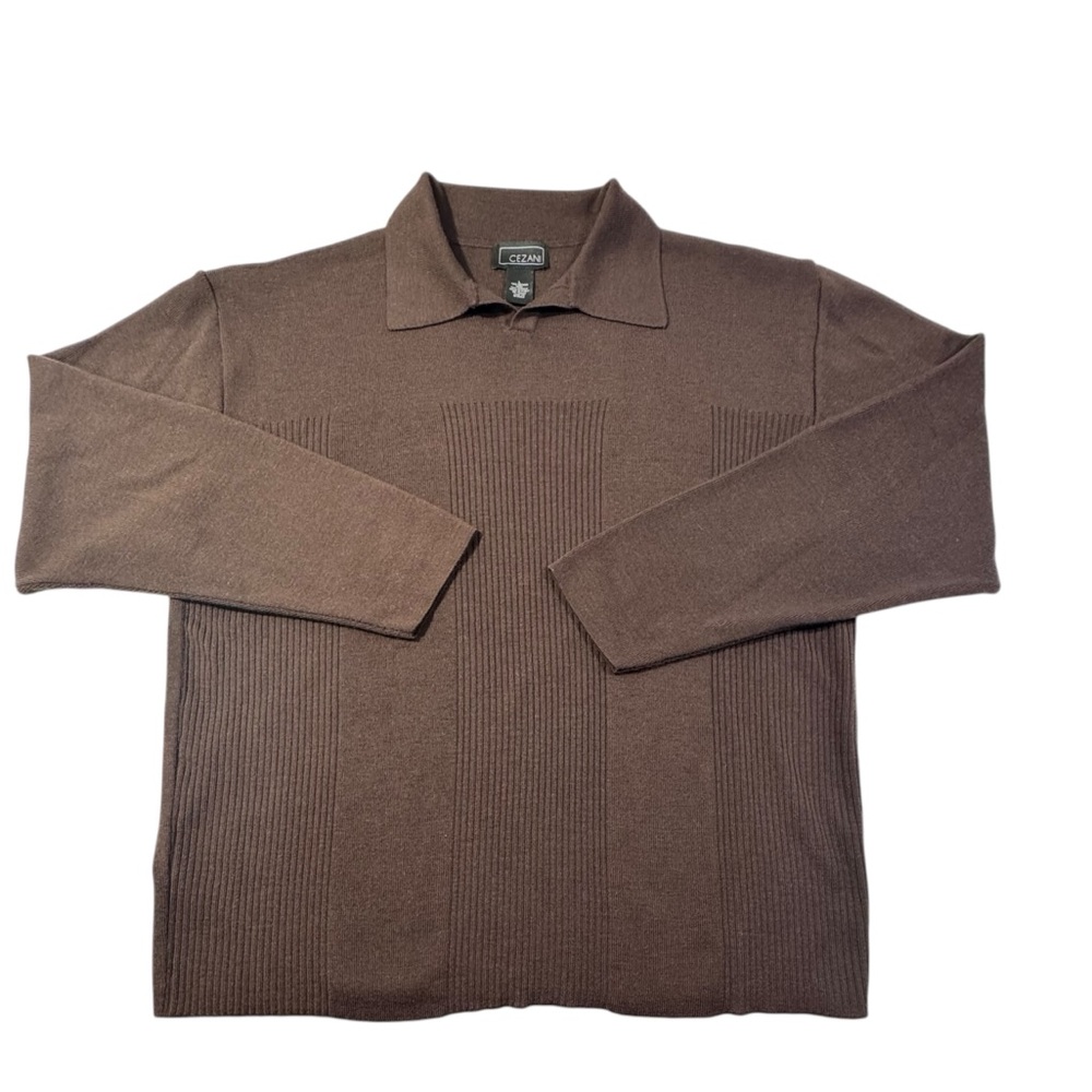 Vintage Cezani Polo Sweater Men L Brown Textured Knit Merino Wool Made In Italy